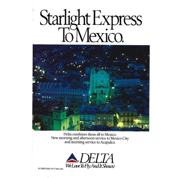 Delta Airlines Starlight Express Mexico !989 Vintage Print Ad 9 inch Tall - Picture 1 of 4
